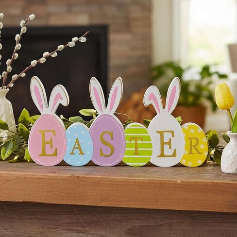 Easter Decorations Table Decor, Rustic Easter Eggs with Bunny Ears Colorful Painted Wooden Sign, Morden Style with Golden EASTER Letter, Farmhouse Style Table Centerpiece Tiered Tray Decoration Set for Home, Mantel, Shelf, Indoor in Saudi Arabia