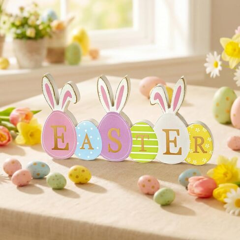 Easter Decorations Table Decor, Rustic Easter Eggs with Bunny Ears Colorful Painted Wooden Sign, Morden Style with Golden EASTER Letter, Farmhouse Style Table Centerpiece Tiered Tray Decoration Set for Home, Mantel, Shelf, Indoor in Saudi Arabia