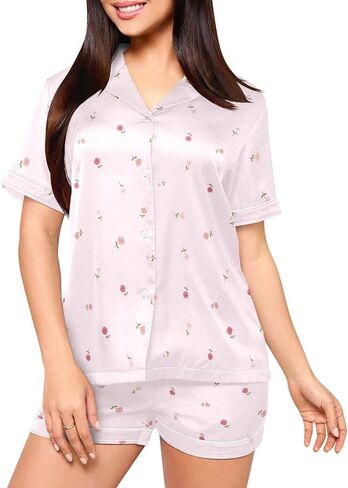 طقم بيجامة من الساتان للنساء، طقم بيجامة نسائي صيفي وردي على شكل زهرة وسروال قصير مكون من قطعتين طقم بيجامة للنساء مقاس S-XXL in Kuwait