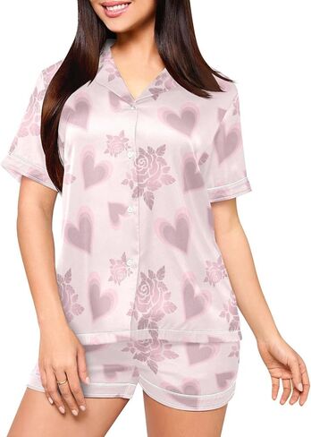 Satin Pajama Set for Women,Flower Pink Summer Womens Pajama Sets Shorts 2 Piece Sleeve Pjs Sets for Women S-XXL in Saudi Arabia