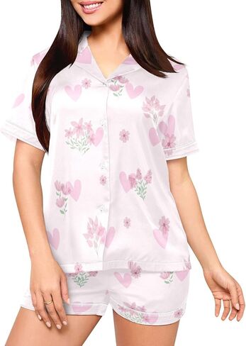 Satin Pajama Set for Women,Flower Pink Summer Womens Pajama Sets Shorts 2 Piece Sleeve Pjs Sets for Women S-XXL in Saudi Arabia