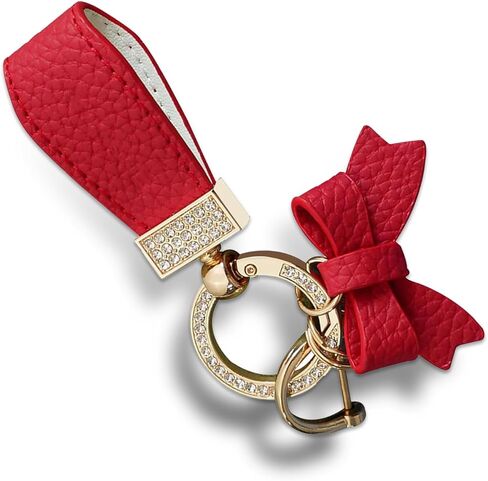 Leather Bowknot Keychain, Bling Crystal Rhinestone Car Key Ornament, Zinc Alloy Stylish Golden key Rings for Wallet Backpack Bag Charm, Universal for Women Girl (Red) in Kuwait
