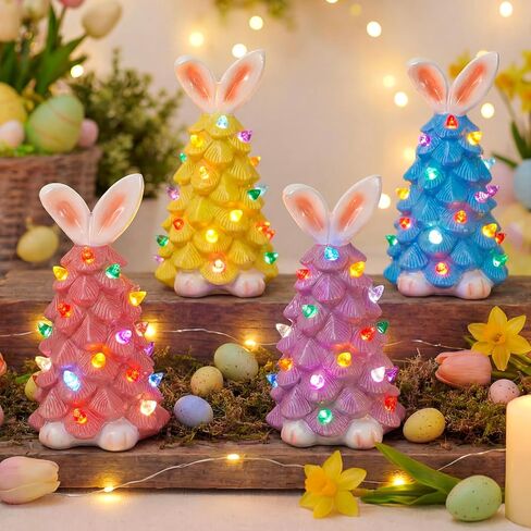 4 عبوات من زخارف شجرة أرنب عيد الفصح الخزفية على الطاولة، أرنب مضاء يدويًا متعدد الألوان بمصابيح LED من الراتنج تعمل بالبطارية لتزيين طاولة العطلات in Kuwait