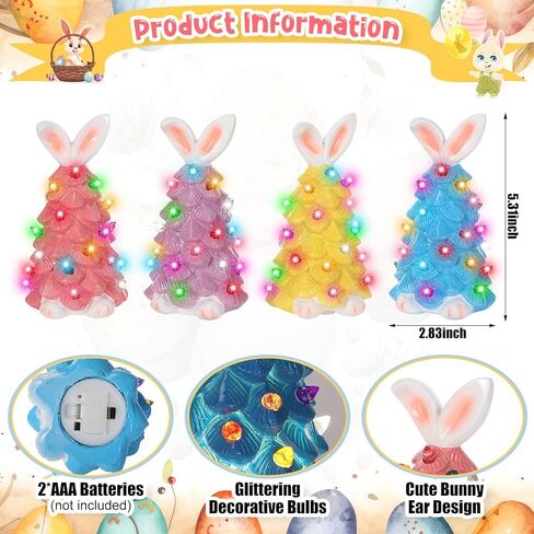 4 عبوات من زخارف شجرة أرنب عيد الفصح الخزفية على الطاولة، أرنب مضاء يدويًا متعدد الألوان بمصابيح LED من الراتنج تعمل بالبطارية لتزيين طاولة العطلات in Kuwait