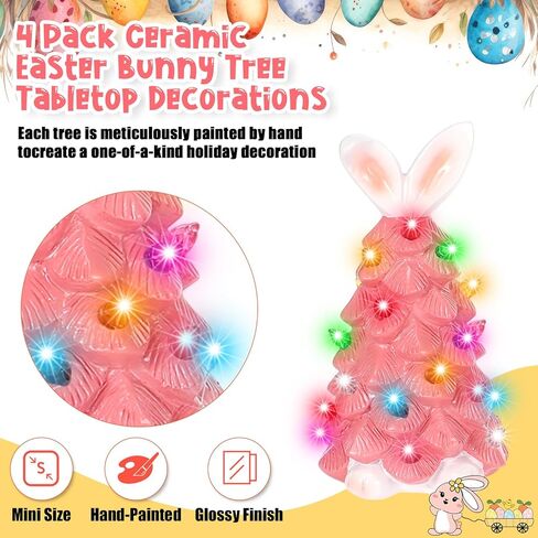 4 عبوات من زخارف شجرة أرنب عيد الفصح الخزفية على الطاولة، أرنب مضاء يدويًا متعدد الألوان بمصابيح LED من الراتنج تعمل بالبطارية لتزيين طاولة العطلات in Kuwait