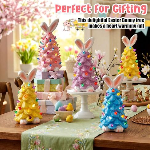 4 عبوات من زخارف شجرة أرنب عيد الفصح الخزفية على الطاولة، أرنب مضاء يدويًا متعدد الألوان بمصابيح LED من الراتنج تعمل بالبطارية لتزيين طاولة العطلات in Kuwait