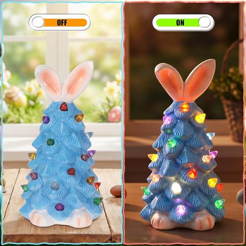 4 عبوات من زخارف شجرة أرنب عيد الفصح الخزفية على الطاولة، أرنب مضاء يدويًا متعدد الألوان بمصابيح LED من الراتنج تعمل بالبطارية لتزيين طاولة العطلات in Kuwait