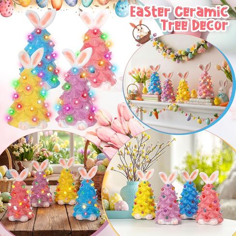 4 عبوات من زخارف شجرة أرنب عيد الفصح الخزفية على الطاولة، أرنب مضاء يدويًا متعدد الألوان بمصابيح LED من الراتنج تعمل بالبطارية لتزيين طاولة العطلات in Kuwait