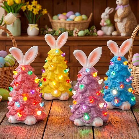 4 عبوات من زخارف شجرة أرنب عيد الفصح الخزفية على الطاولة، أرنب مضاء يدويًا متعدد الألوان بمصابيح LED من الراتنج تعمل بالبطارية لتزيين طاولة العطلات in Kuwait