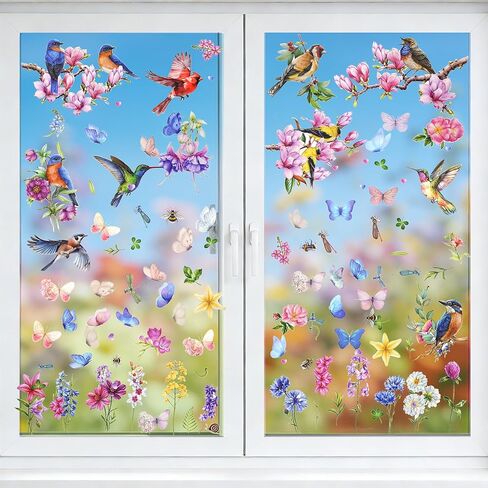 Sucrain Spring Window Cling Sticker,9 Sheets Tulip Butterfly Flower Hummingbirds Window Decal Reusable Double-Sided Window Decor for Home, Office, Glass Display or Classroom in Saudi Arabia