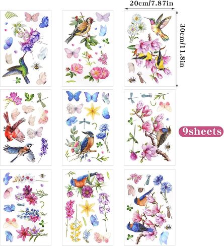 Sucrain Spring Window Cling Sticker,9 Sheets Tulip Butterfly Flower Hummingbirds Window Decal Reusable Double-Sided Window Decor for Home, Office, Glass Display or Classroom in Saudi Arabia