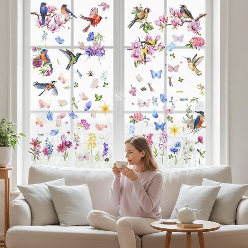 Sucrain Spring Window Cling Sticker,9 Sheets Tulip Butterfly Flower Hummingbirds Window Decal Reusable Double-Sided Window Decor for Home, Office, Glass Display or Classroom in Saudi Arabia