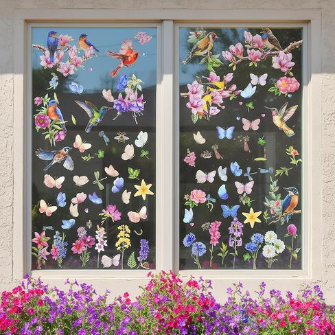 Sucrain Spring Window Cling Sticker,9 Sheets Tulip Butterfly Flower Hummingbirds Window Decal Reusable Double-Sided Window Decor for Home, Office, Glass Display or Classroom in Saudi Arabia