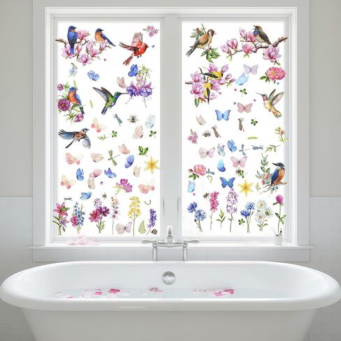 Sucrain Spring Window Cling Sticker,9 Sheets Tulip Butterfly Flower Hummingbirds Window Decal Reusable Double-Sided Window Decor for Home, Office, Glass Display or Classroom in Saudi Arabia
