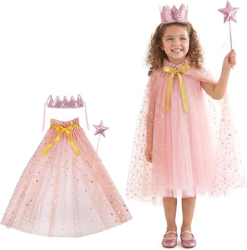 3PCS Princess Tulle Cape Costume Fairy Set with Glitter Tiara Crown Headband and Star Magic Wand in Saudi Arabia