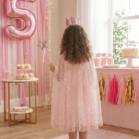 3PCS Princess Tulle Cape Costume Fairy Set with Glitter Tiara Crown Headband and Star Magic Wand in Saudi Arabia
