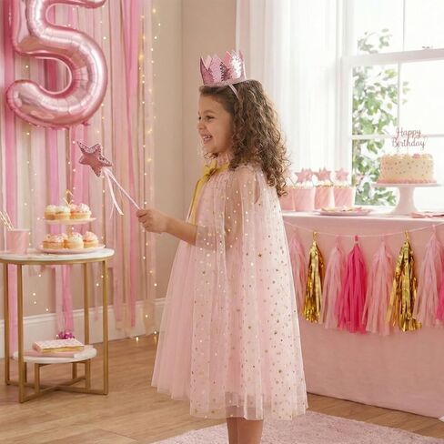3PCS Princess Tulle Cape Costume Fairy Set with Glitter Tiara Crown Headband and Star Magic Wand in Saudi Arabia