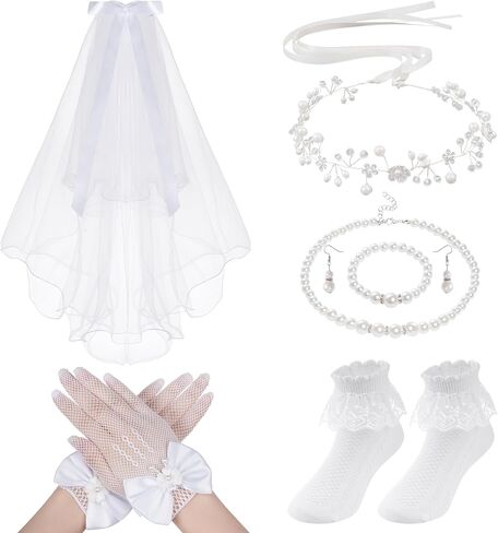 hoyuwak 7 Pcs First Communion Veil Set 1st Communion Wreath Veil Earring Necklace Bracelet Socks Gloves Accessories for Girl Wedding White in Saudi Arabia