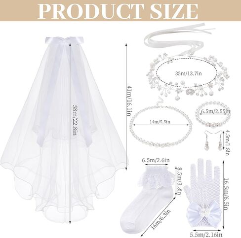 hoyuwak 7 Pcs First Communion Veil Set 1st Communion Wreath Veil Earring Necklace Bracelet Socks Gloves Accessories for Girl Wedding White in Saudi Arabia