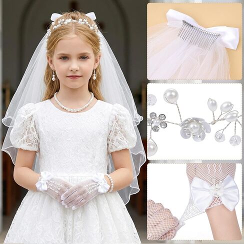 hoyuwak 7 Pcs First Communion Veil Set 1st Communion Wreath Veil Earring Necklace Bracelet Socks Gloves Accessories for Girl Wedding White in Saudi Arabia