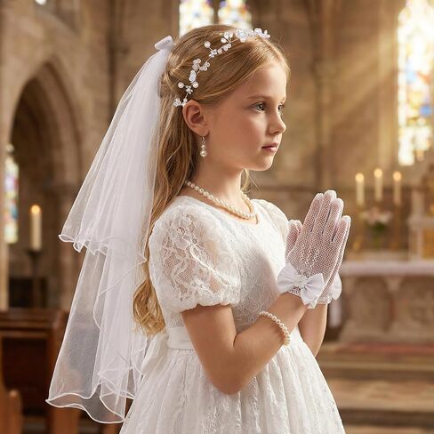 hoyuwak 7 Pcs First Communion Veil Set 1st Communion Wreath Veil Earring Necklace Bracelet Socks Gloves Accessories for Girl Wedding White in Saudi Arabia