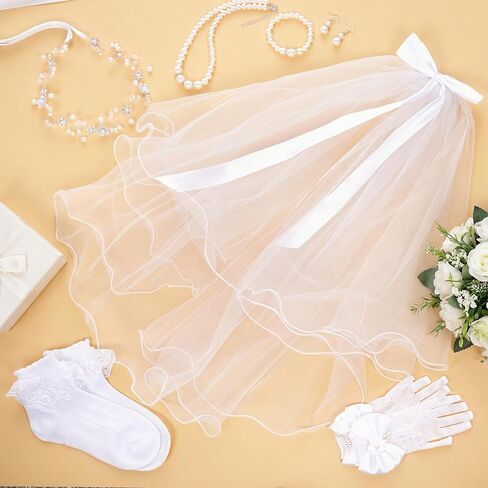 hoyuwak 7 Pcs First Communion Veil Set 1st Communion Wreath Veil Earring Necklace Bracelet Socks Gloves Accessories for Girl Wedding White in Saudi Arabia