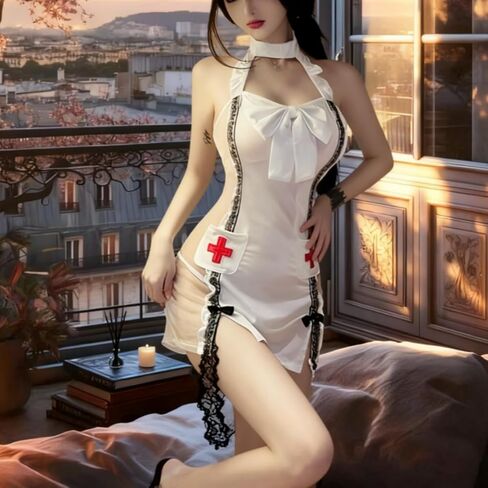 ​Elegant Nurse Roleplay Lingerie Set - White Lace Trimmed Chemise with Red Cross Detail & Thigh High Split in Saudi Arabia