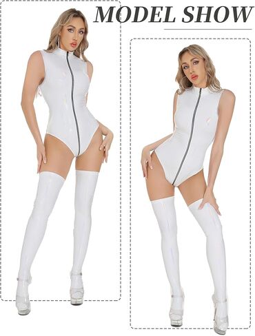 FEOYA Metallic Bodysuit for Women Patent Leather Catsuit Lingerie Vinyl Skinny Bodysuit Pvc Jumpsuit Cosplay Clubwear in Saudi Arabia