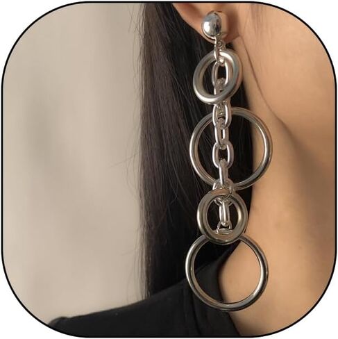 Long Chain Circle Drop Earrings for Women Multilevel Geometric Hollow Round Tassel Dangle Earrings Exaggerated Circle Dangling Earrings Punk Jewelry in Saudi Arabia