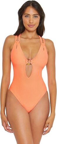 Becca by Rebecca Virtue Line in The Sand Lainey Textured Rib Plunge One-Piece in Saudi Arabia