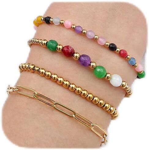 Sanfenly Gold Beaded Bracelets For Women, 14k Real Gold Plated Bead Stretch Stackable Stacked Stacking Stretchy Layered Trendy Simple Pearl Turquoise Amethyst Crystal Paperclip Chain Bracelet Sets in Kuwait