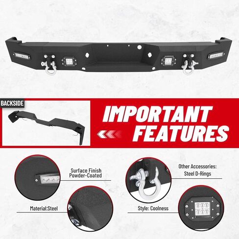 مجموعة المصد الخلفي HECASA متوافقة مع 2004-2008 Ford F-150 مسحوق فولاذي مطلي باللون الأسود مع ضوء LED، حلقة على شكل حرف D، لوحة ترخيص، فتحة تثبيت المستشعر، ثلاث قطع (عبوتان) in Saudi Arabia
