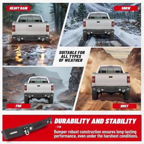 مجموعة المصد الخلفي HECASA متوافقة مع 2004-2008 Ford F-150 مسحوق فولاذي مطلي باللون الأسود مع ضوء LED، حلقة على شكل حرف D، لوحة ترخيص، فتحة تثبيت المستشعر، ثلاث قطع (عبوتان) in Saudi Arabia