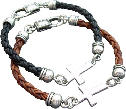 Handmade Black or Brown Leather Bracelet with Cross - Genuine Leather Bracelet for Men and Women - Available sizes: 6,6.5,7,7.5,8,8.5 inch or Custom in Saudi Arabia