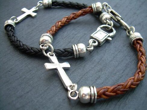 Handmade Black or Brown Leather Bracelet with Cross - Genuine Leather Bracelet for Men and Women - Available sizes: 6,6.5,7,7.5,8,8.5 inch or Custom in Saudi Arabia