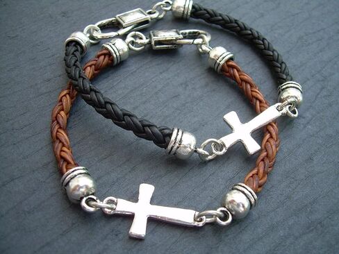 Handmade Black or Brown Leather Bracelet with Cross - Genuine Leather Bracelet for Men and Women - Available sizes: 6,6.5,7,7.5,8,8.5 inch or Custom in Saudi Arabia