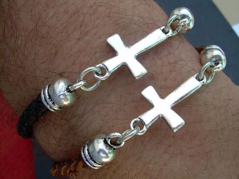 Handmade Black or Brown Leather Bracelet with Cross - Genuine Leather Bracelet for Men and Women - Available sizes: 6,6.5,7,7.5,8,8.5 inch or Custom in Saudi Arabia
