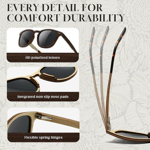 SUNGAIT Vintage Wood Sunglasses for Men Square Polarized UV400 Walnut Ebony Rose Wood in Saudi Arabia