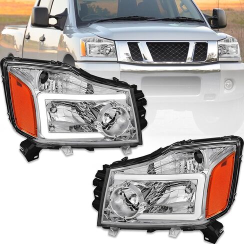 Pair Clear Headlights Assembly Compatible for 2004-2015 Nissan Titan Halogen with LED DRL/Dynamic Amber Signal/Chrome Housing/Amber Reflector Front Lamps Driver and Passenger Side in Saudi Arabia