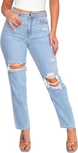 بنطلون جينز ZonJie للنساء عالي الخصر وواسع الساق وحاشية خام ممزقة وساق مستقيمة وقابلة للتمدد من قماش الدنيم in Kuwait