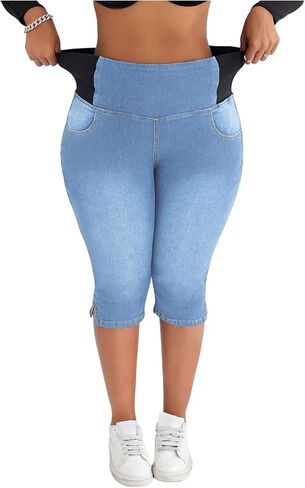 Verdusa Women's Plus Size Stretchy Jeans Split High Waisted Capri Pants with Pockets in Saudi Arabia