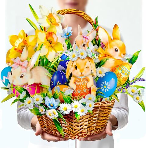 Happy Easter Pop Up Card, 16 Inches Real Size Display 3D Greeting Card, Easter Basket with Bunny, Egg, Paper Flower Bouquet, Decorative Gift for Women, Includes Envelope & Message Card in Saudi Arabia