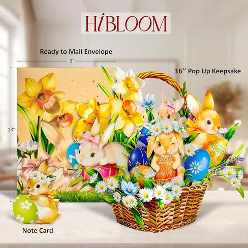 Happy Easter Pop Up Card, 16 Inches Real Size Display 3D Greeting Card, Easter Basket with Bunny, Egg, Paper Flower Bouquet, Decorative Gift for Women, Includes Envelope & Message Card in Saudi Arabia
