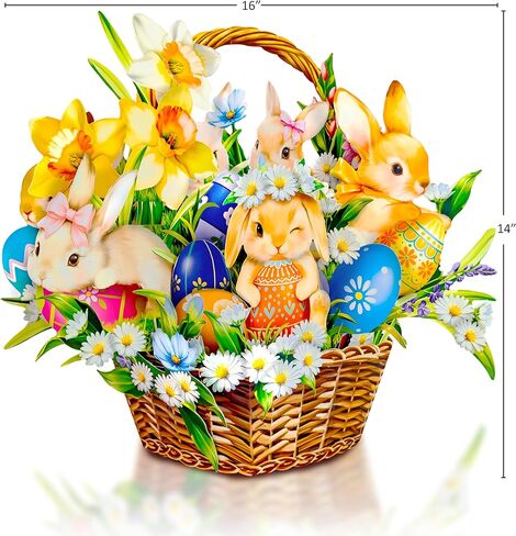 Happy Easter Pop Up Card, 16 Inches Real Size Display 3D Greeting Card, Easter Basket with Bunny, Egg, Paper Flower Bouquet, Decorative Gift for Women, Includes Envelope & Message Card in Saudi Arabia