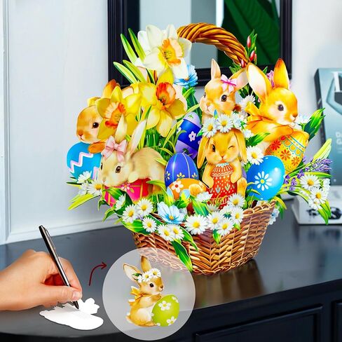 Happy Easter Pop Up Card, 16 Inches Real Size Display 3D Greeting Card, Easter Basket with Bunny, Egg, Paper Flower Bouquet, Decorative Gift for Women, Includes Envelope & Message Card in Saudi Arabia