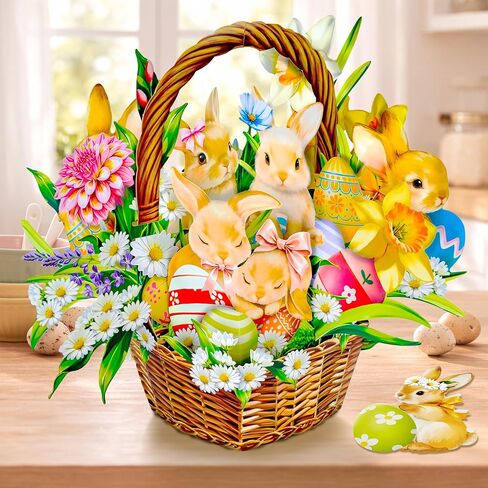 Happy Easter Pop Up Card, 16 Inches Real Size Display 3D Greeting Card, Easter Basket with Bunny, Egg, Paper Flower Bouquet, Decorative Gift for Women, Includes Envelope & Message Card in Saudi Arabia