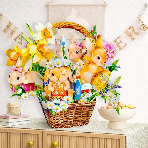 Happy Easter Pop Up Card, 16 Inches Real Size Display 3D Greeting Card, Easter Basket with Bunny, Egg, Paper Flower Bouquet, Decorative Gift for Women, Includes Envelope & Message Card in Saudi Arabia