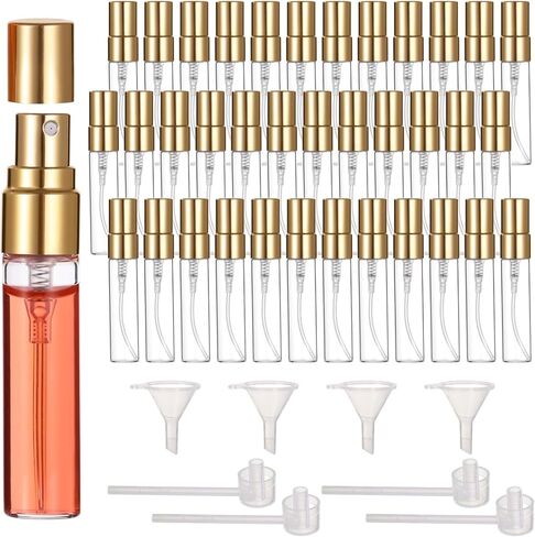Lnrueg 100 Pcs 5 ml Mini Spray Bottles - 0.17 oz Refillable Glass Perfume Bottles, Portable Travel Sample Containers with Caps, Fine Mist Atomizers with 4 Funnels and 4 Dispensers, Gold in Saudi Arabia