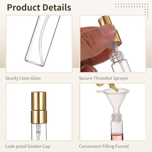 Lnrueg 100 Pcs 5 ml Mini Spray Bottles - 0.17 oz Refillable Glass Perfume Bottles, Portable Travel Sample Containers with Caps, Fine Mist Atomizers with 4 Funnels and 4 Dispensers, Gold in Saudi Arabia