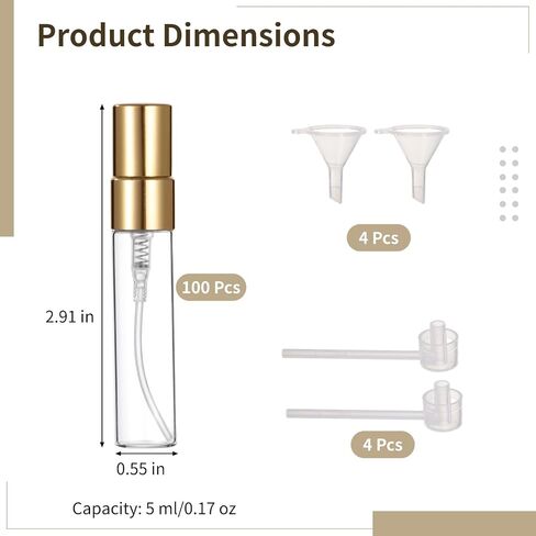 Lnrueg 100 Pcs 5 ml Mini Spray Bottles - 0.17 oz Refillable Glass Perfume Bottles, Portable Travel Sample Containers with Caps, Fine Mist Atomizers with 4 Funnels and 4 Dispensers, Gold in Saudi Arabia